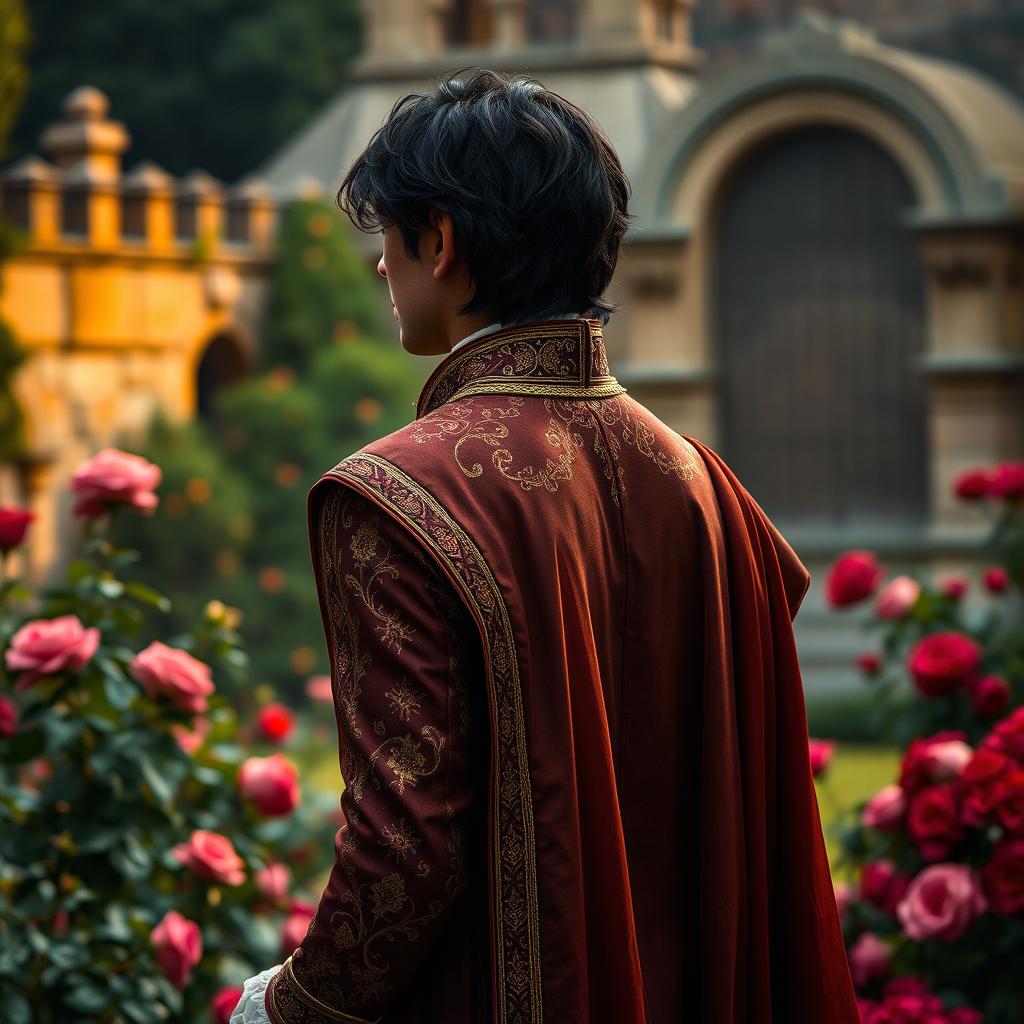 A dark-haired prince in a period drama setting, standing with his back towards the camera