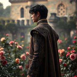 A dark-haired prince in a period drama setting, standing with his back towards the camera