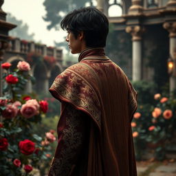 A dark-haired prince in a period drama setting, standing with his back towards the camera