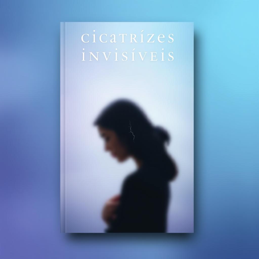 A book cover design for 'Cicatrizes Invisíveis' featuring a soft background of blue and purple tones that symbolize calmness and introspection