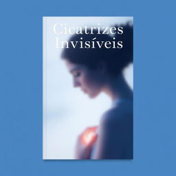 A book cover design for 'Cicatrizes Invisíveis' featuring a soft background of blue and purple tones that symbolize calmness and introspection