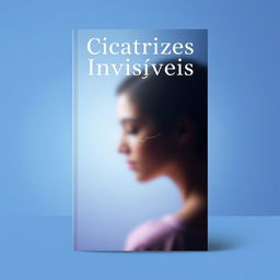 A book cover design for 'Cicatrizes Invisíveis' featuring a soft background of blue and purple tones that symbolize calmness and introspection