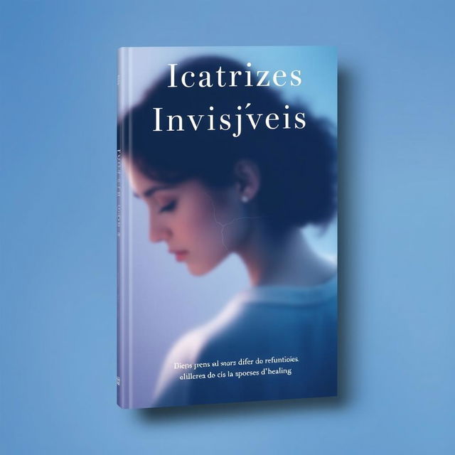 A book cover design for 'Cicatrizes Invisíveis' featuring a soft background of blue and purple tones that symbolize calmness and introspection