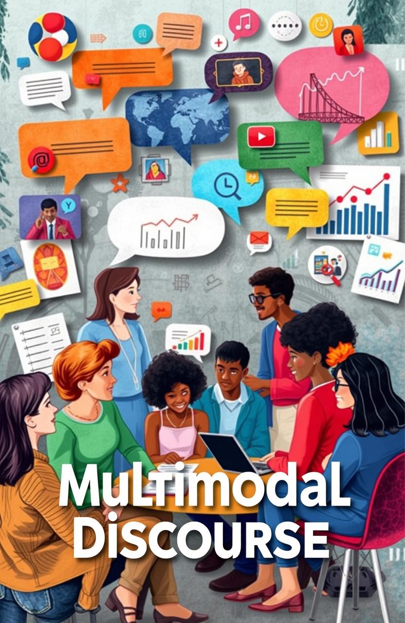 A visually engaging representation of multimodal discourse featuring various forms of communication such as images, text, speech bubbles, and symbols intertwined in an artistic way