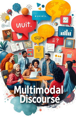 A visually engaging representation of multimodal discourse featuring various forms of communication such as images, text, speech bubbles, and symbols intertwined in an artistic way