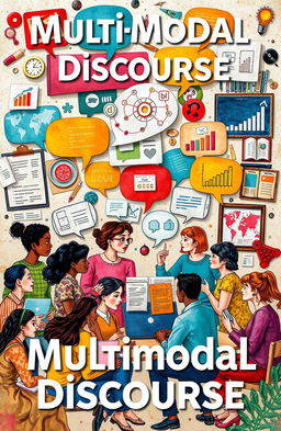 A visually engaging representation of multimodal discourse featuring various forms of communication such as images, text, speech bubbles, and symbols intertwined in an artistic way
