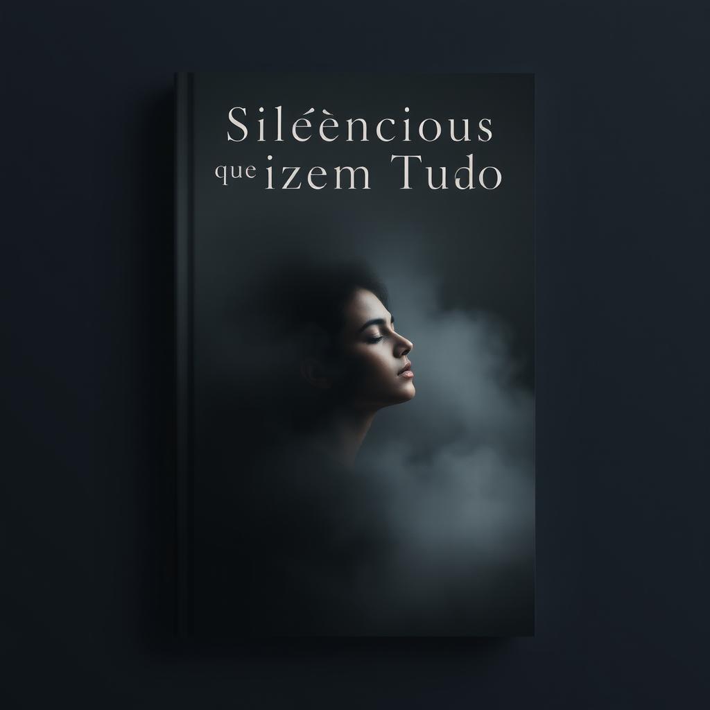 A book cover design for 'Silêncios que Dizem Tudo' featuring a dark, soft background in shades of gray and black, creating an introspective and serene atmosphere