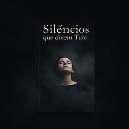 A book cover design for 'Silêncios que Dizem Tudo' featuring a dark, soft background in shades of gray and black, creating an introspective and serene atmosphere