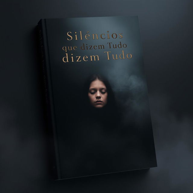 A book cover design for 'Silêncios que Dizem Tudo' featuring a dark, soft background in shades of gray and black, creating an introspective and serene atmosphere