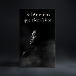 A book cover design for 'Silêncios que Dizem Tudo' featuring a dark, soft background in shades of gray and black, creating an introspective and serene atmosphere