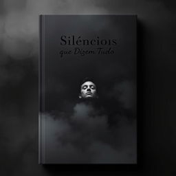 A book cover design for 'Silêncios que Dizem Tudo' featuring a dark, soft background composed of shades of gray and black, which creates an introspective and serene atmosphere