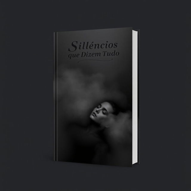 A book cover design for 'Silêncios que Dizem Tudo' featuring a dark, soft background composed of shades of gray and black, which creates an introspective and serene atmosphere