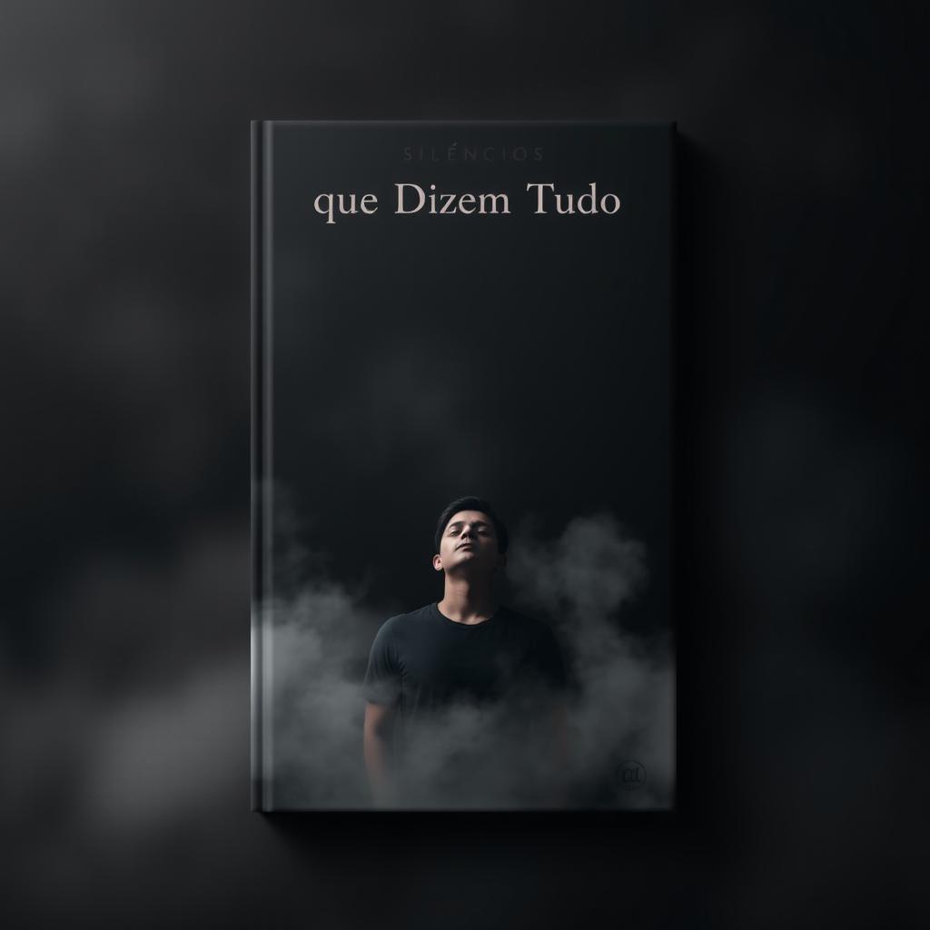 A book cover design for 'Silêncios que Dizem Tudo' featuring a dark, soft background composed of shades of gray and black, which creates an introspective and serene atmosphere