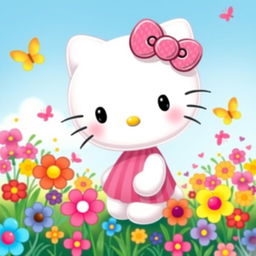 A cute and whimsical illustration of Hello Kitty, featuring her iconic bow on her left ear, a sparkling smile, and adorable round face