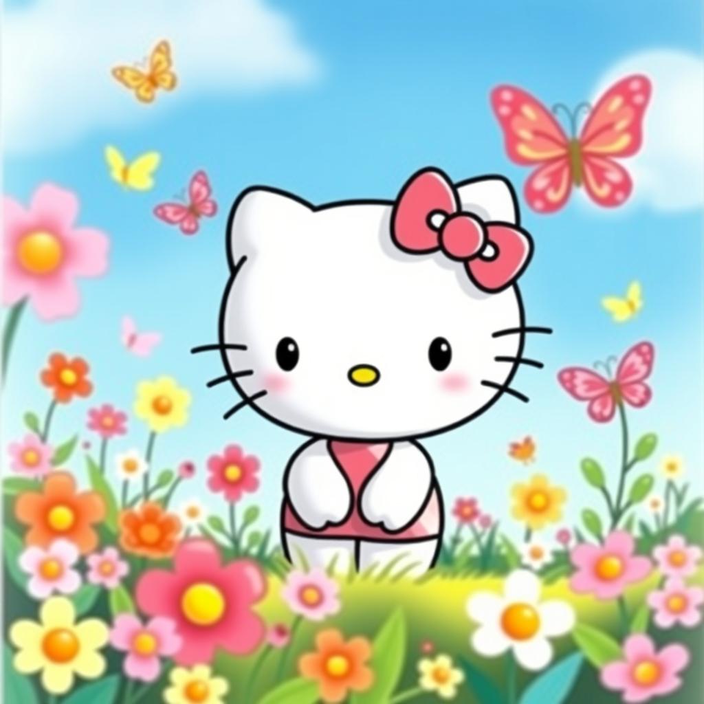 A cute and whimsical illustration of Hello Kitty, featuring her iconic bow on her left ear, a sparkling smile, and adorable round face