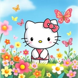 A cute and whimsical illustration of Hello Kitty, featuring her iconic bow on her left ear, a sparkling smile, and adorable round face