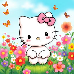 A cute and whimsical illustration of Hello Kitty, featuring her iconic bow on her left ear, a sparkling smile, and adorable round face