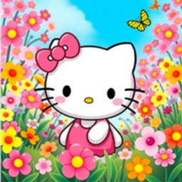 A cute and whimsical illustration of Hello Kitty, featuring her iconic bow on her left ear, a sparkling smile, and adorable round face