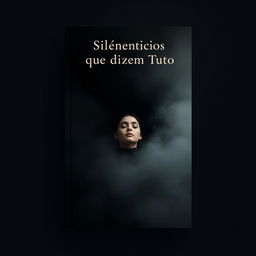 A book cover design for 'Silêncios que Dizem Tudo' featuring a dark, soft background composed of shades of gray and black to create an introspective and serene atmosphere