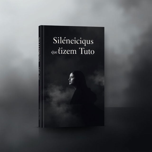 A book cover design for 'Silêncios que Dizem Tudo' featuring a dark, soft background composed of shades of gray and black to create an introspective and serene atmosphere