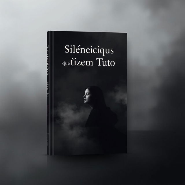 A book cover design for 'Silêncios que Dizem Tudo' featuring a dark, soft background composed of shades of gray and black to create an introspective and serene atmosphere