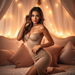 An alluring woman gracefully posing in a softly lit, luxurious bedroom, wearing an elegant, form-fitting dress that accentuates her curves