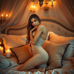 An alluring woman gracefully posing in a softly lit, luxurious bedroom, wearing an elegant, form-fitting dress that accentuates her curves