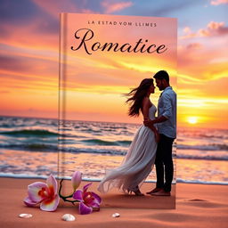 A romantic book cover featuring a dreamy sunset over a tranquil beach, with soft waves gently lapping at the shore