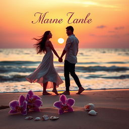 A romantic book cover featuring a dreamy sunset over a tranquil beach, with soft waves gently lapping at the shore