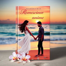 A romantic book cover featuring a dreamy sunset over a tranquil beach, with soft waves gently lapping at the shore