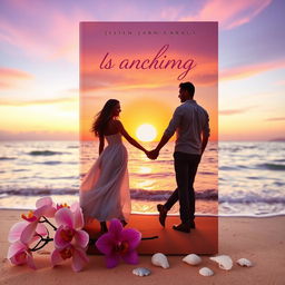 A romantic book cover featuring a dreamy sunset over a tranquil beach, with soft waves gently lapping at the shore