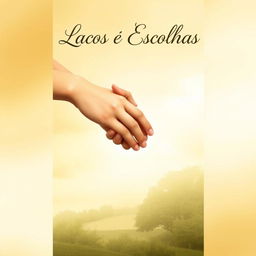 A book cover design for 'Laços e Escolhas' featuring a soft background with shades of gold and olive green, embodying a sense of balance and growth