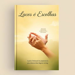 A book cover design for 'Laços e Escolhas' featuring a soft background with shades of gold and olive green, embodying a sense of balance and growth