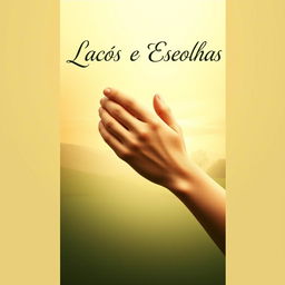 A book cover design for 'Laços e Escolhas' featuring a soft background with shades of gold and olive green, embodying a sense of balance and growth