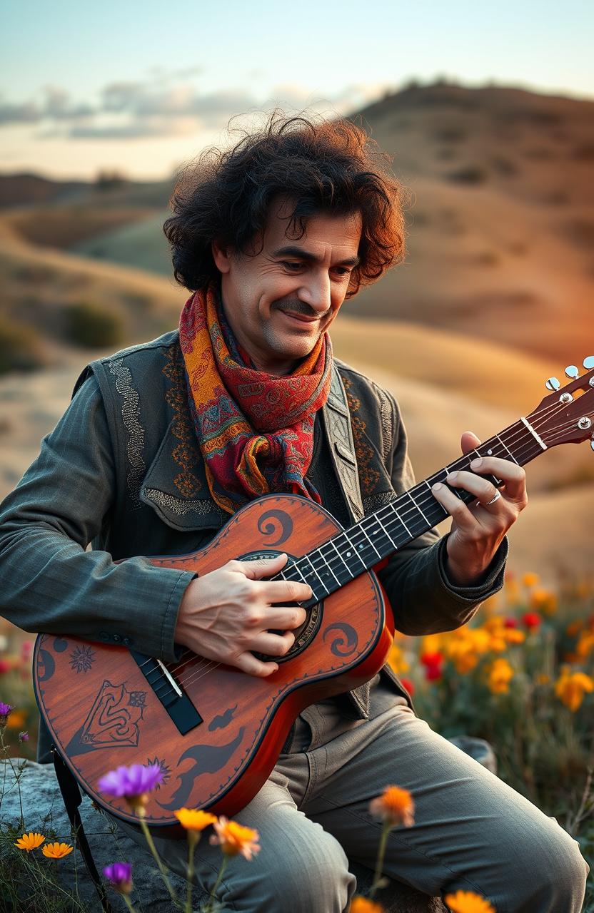 A captivating scene featuring a talented musician playing a gypsy guitar outdoors, surrounded by a rustic, enchanting landscape