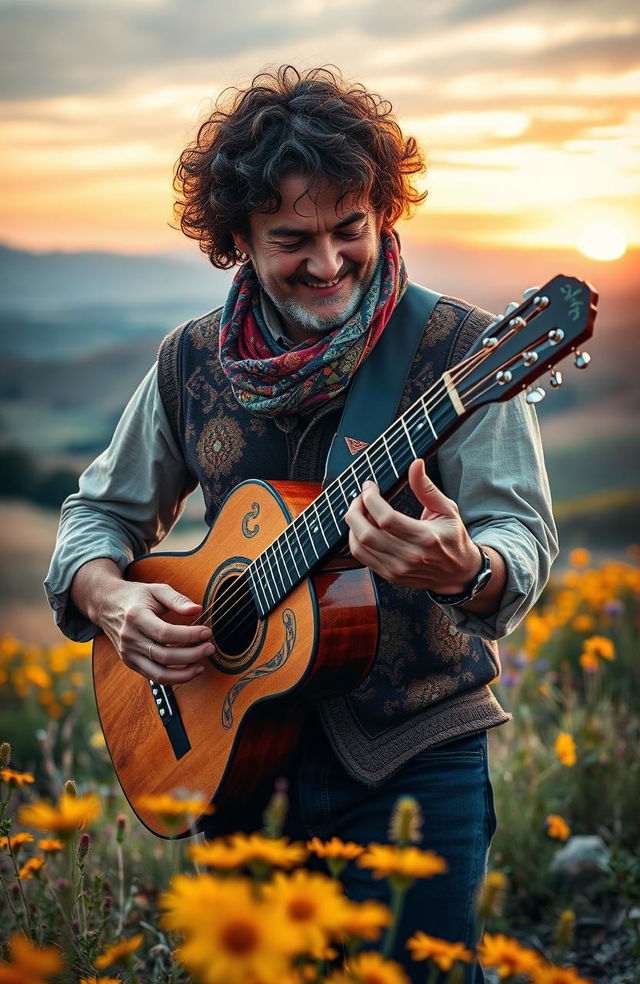 A captivating scene featuring a talented musician playing a gypsy guitar outdoors, surrounded by a rustic, enchanting landscape