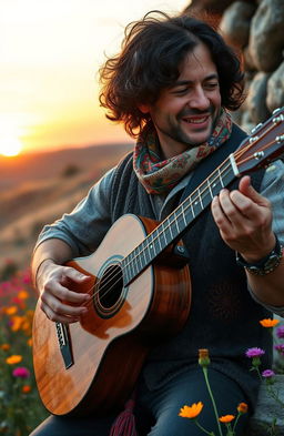 A captivating scene featuring a talented musician playing a gypsy guitar outdoors, surrounded by a rustic, enchanting landscape