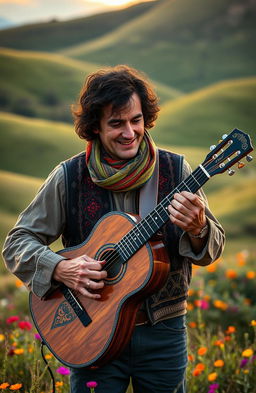 A captivating scene featuring a talented musician playing a gypsy guitar outdoors, surrounded by a rustic, enchanting landscape