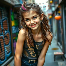 A playful and mischievous girl, with a cheeky smile and sparkling eyes, wearing a stylish yet slightly rebellious outfit