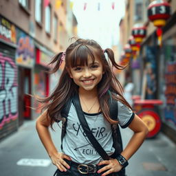 A playful and mischievous girl, with a cheeky smile and sparkling eyes, wearing a stylish yet slightly rebellious outfit
