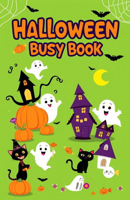 A colorful, engaging Halloween busy book designed for children, featuring various activities like coloring pages, connect-the-dots, mazes, and simple puzzles