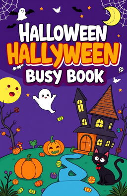 A colorful, engaging Halloween busy book designed for children, featuring various activities like coloring pages, connect-the-dots, mazes, and simple puzzles