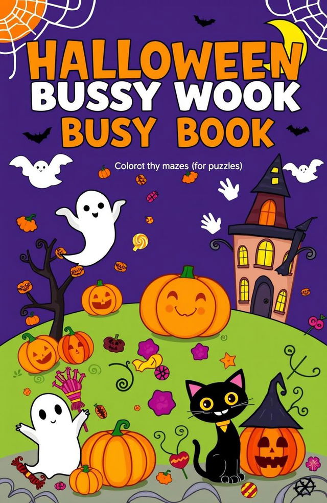 A colorful, engaging Halloween busy book designed for children, featuring various activities like coloring pages, connect-the-dots, mazes, and simple puzzles