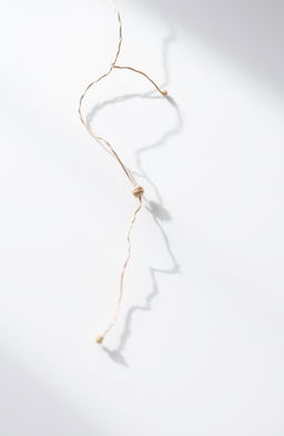 A broken romantic string with a bright white background, the string appears to be frayed and twisted, symbolizing a lost connection, softly illuminated to emphasize the delicate texture of the string, with a subtle shadow cast on the background to add depth and dimension