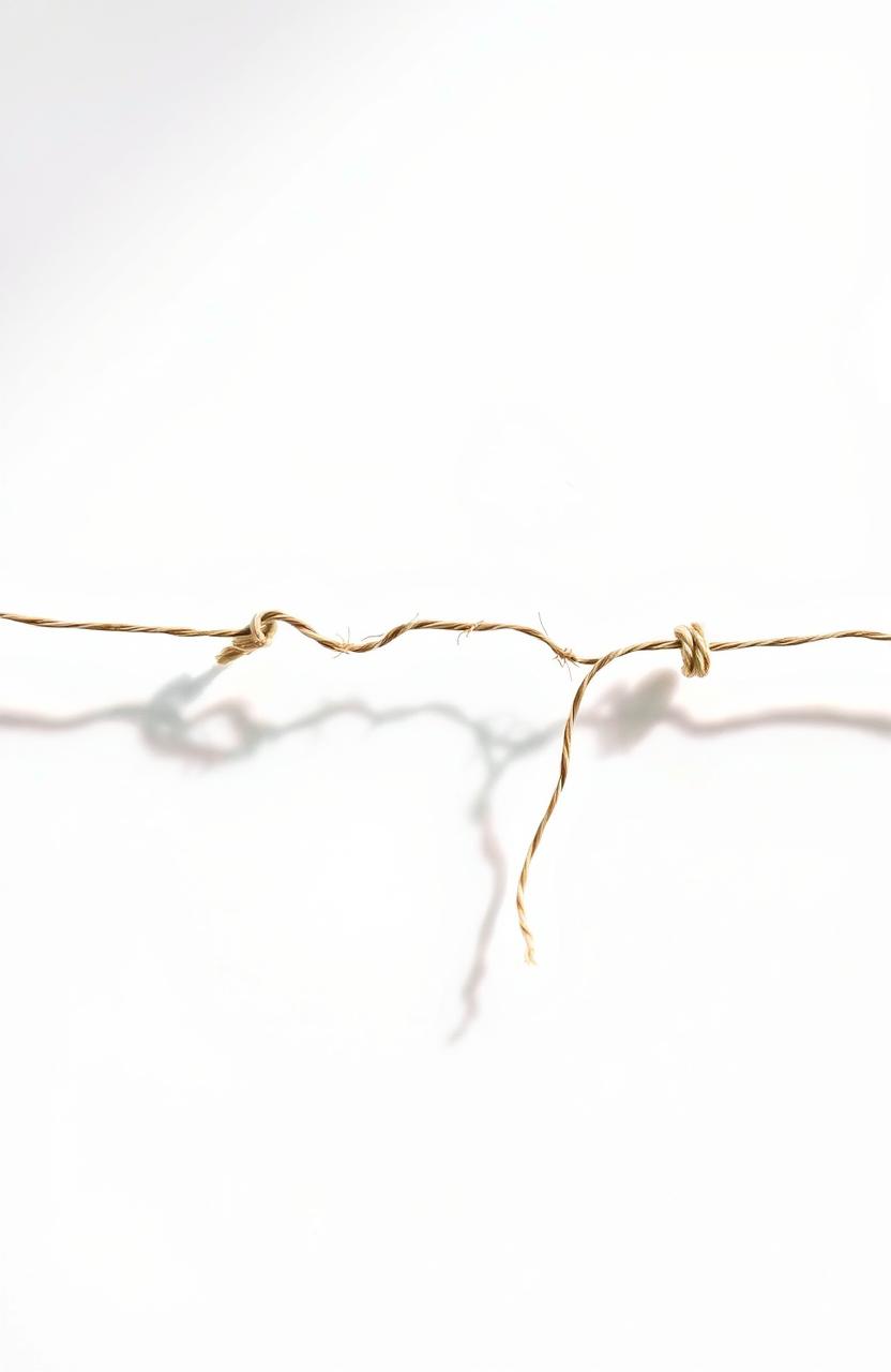 A broken romantic string with a bright white background, the string appears to be frayed and twisted, symbolizing a lost connection, softly illuminated to emphasize the delicate texture of the string, with a subtle shadow cast on the background to add depth and dimension