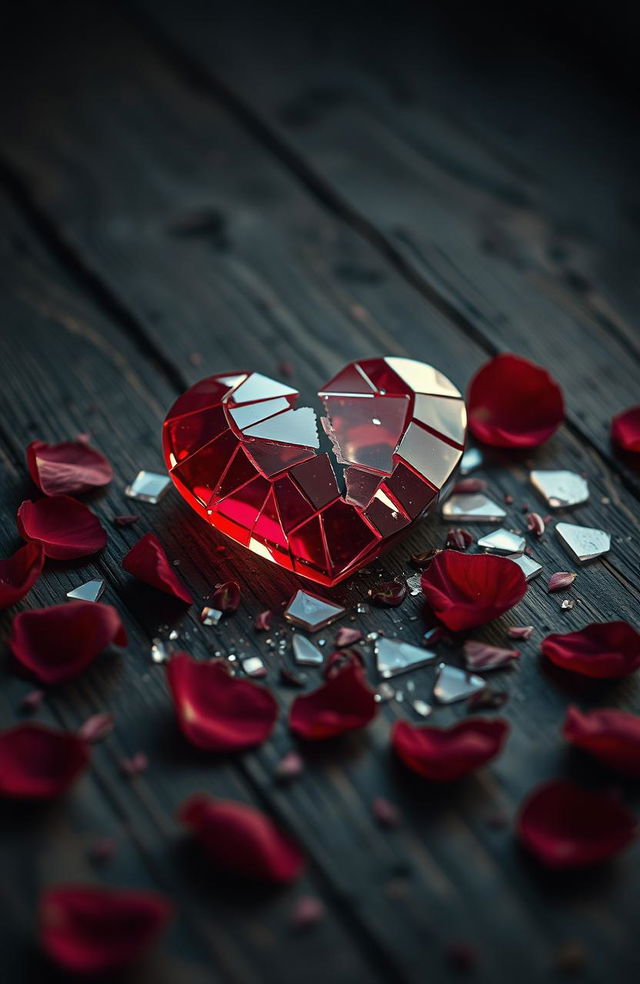 A moody and introspective scene depicting fragments of broken affection, with a shattered heart made of glass pieces, set against a softly lit background