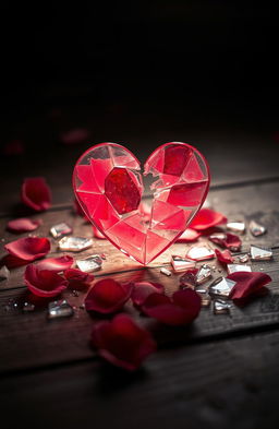 A moody and introspective scene depicting fragments of broken affection, with a shattered heart made of glass pieces, set against a softly lit background