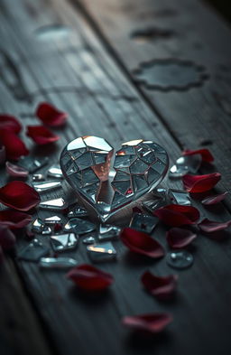 A moody and introspective scene depicting fragments of broken affection, with a shattered heart made of glass pieces, set against a softly lit background