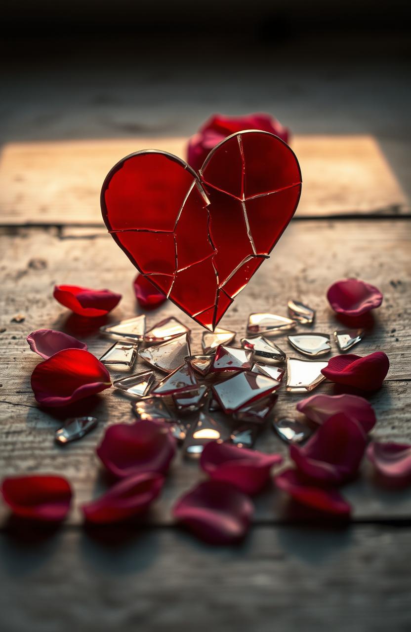 A moody and introspective scene depicting fragments of broken affection, with a shattered heart made of glass pieces, set against a softly lit background