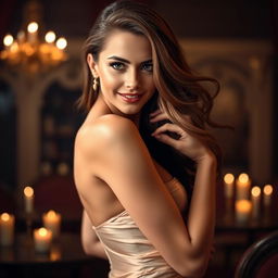 A sensual and alluring portrait of a confident woman in an elegant evening dress, exuding charm and sophistication